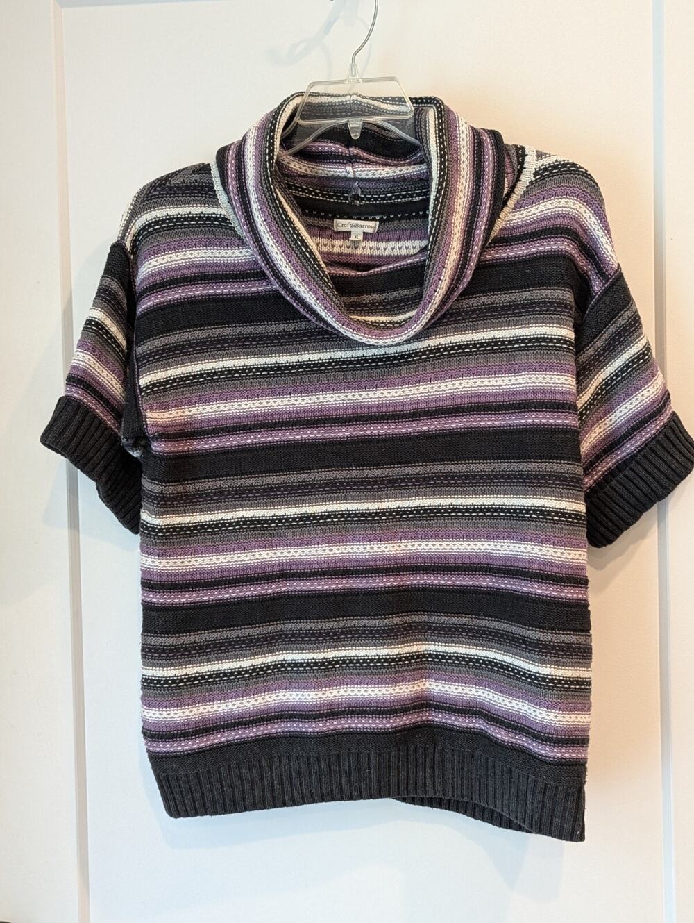 Croft&Barrow LadiesXL Purple Black Striped Short Sleeve Sweater Cowl Neck Casual